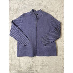 Eileen Fisher Women’s XL Purple Wool Zip Front Sweater Jacket Ribbed Knit